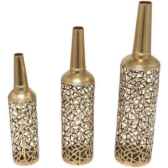 Gold Metal Abstract Patterned Vase with Open Frame Design Set